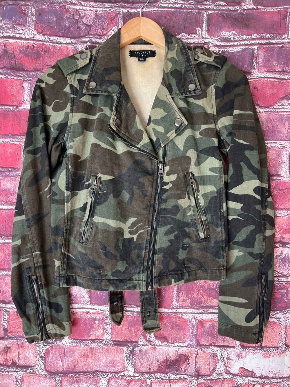 By Corpus Camo Cutout Back Moto Jacket Camouflage Canvas Tie Back Open